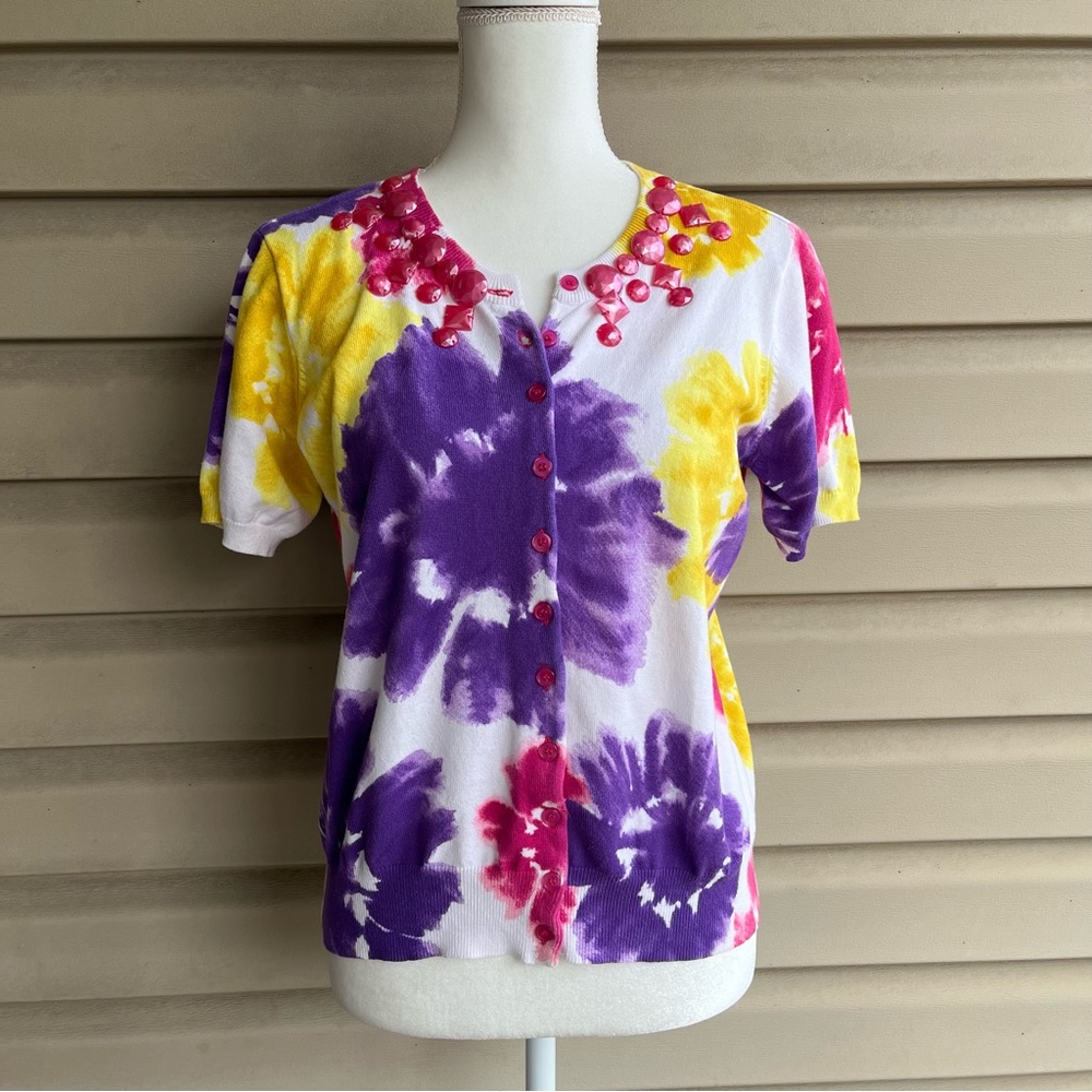 •WD.NY• Bright Floral Short Sleeve Cardigan - Size Medium